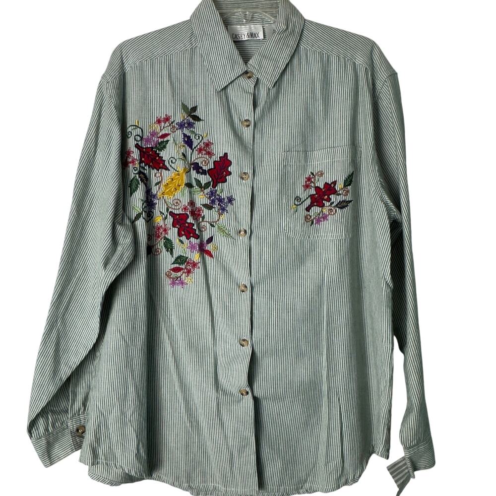 Vintage Casey & Max Long Sleeve Embroidered Button Down Blouse‎ Size L NWT